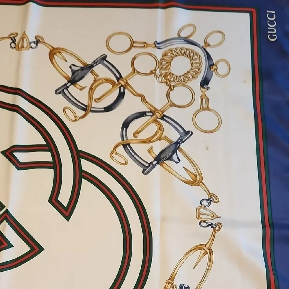 Gucci Cream and Navy Silk Scarf with Gold Details